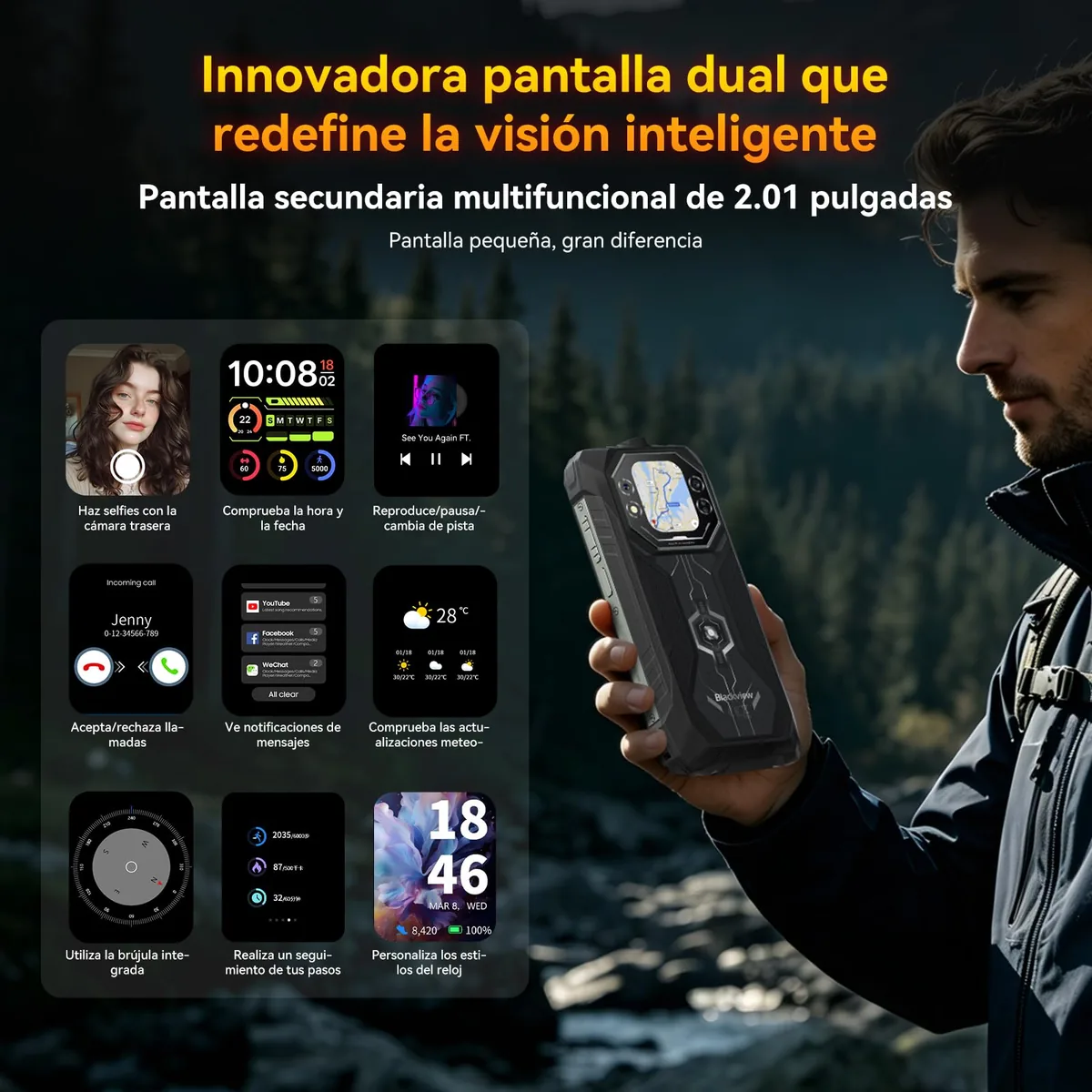 Blackview Rock 1 Android 16 Móvil Resistente 15000mAh, Móvil Irrompible para Aventureros y Senderismo, Doble Pantalla, 24GB+256GB, Visión Nocturna 20MP, Gemini AI, NFC, 3 Años de Garantía — imagen 6