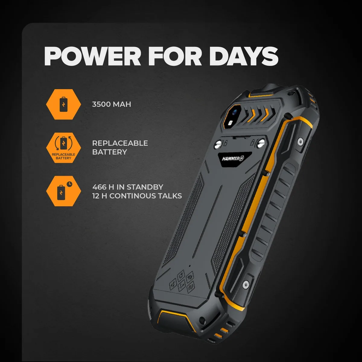 Hammer Boost 2 LTE móvil Robusto 4G IP68, teléfono de Obra con Teclas Grandes, Pantalla 2,4", Dual SIM, batería 3500 mAh de Larga duración, Negro-Naranja — imagen 3