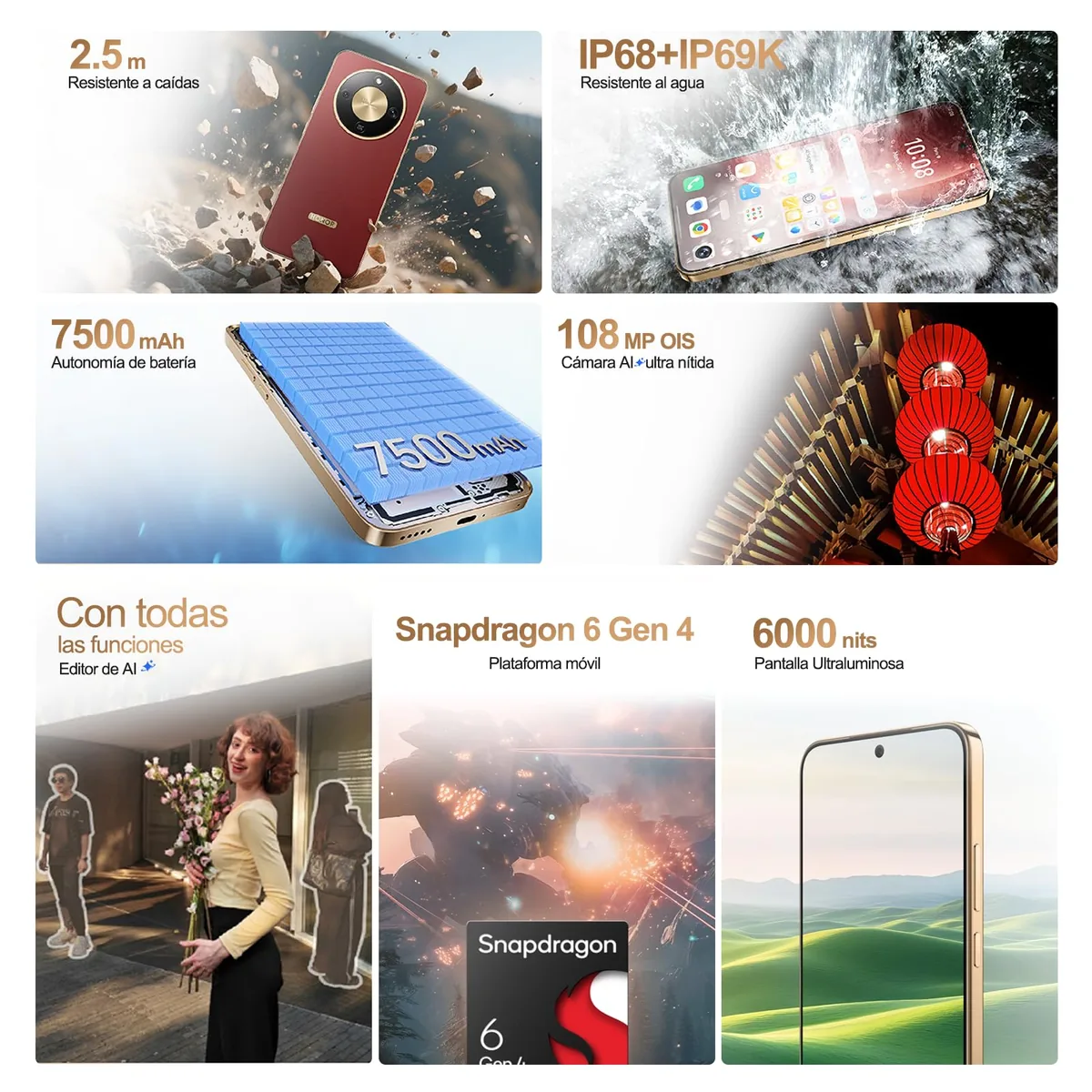 HONOR Magic8 Lite Smartphone, Pantalla AMOLED de 6,79 Pulgadas, Triple Resistencia IP68/IP69K, batería de 7500 mAh, cámara de 108 MP con OIS, Doble SIM, NFC. (Reddish Brown, 256, GB, 8, GB) — imagen 2