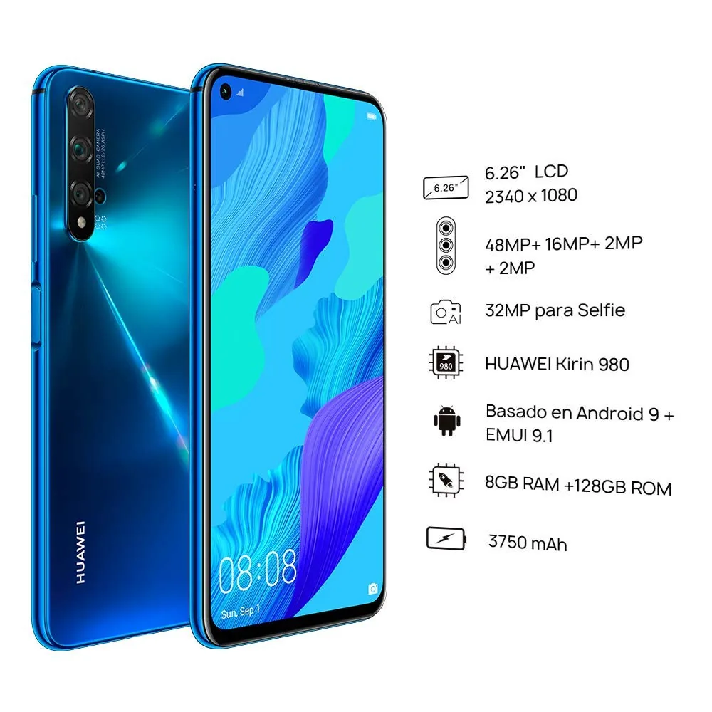 Huawei Nova 5T Smartphone, 48MP KI Cámaras Huella Digital, Pantalla FullView 15.7cm (6.26"), 8GB de RAM + 128GB de ROM, 3750mAh Dual SIM, Teléfono Android, EMUI 9.1, Azul — imagen 3