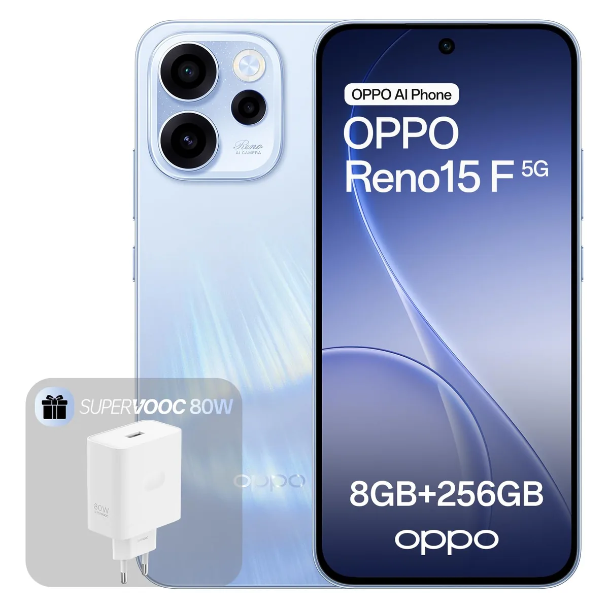 OPPO Reno15 F 5G Smartphone Liberado, 8+256GB, Cámara Ultra Gran Angular 50MP FOV 100°, Pantalla 6.57" 120Hz, AI Portrait Glow, Batería 6500mAh, IP69, Aurora Blue (Incluye Cargador 80W SUPERVOOC)