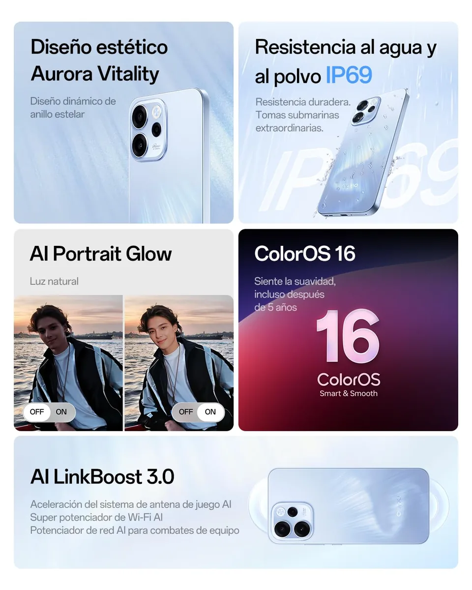 OPPO Reno15 F 5G Smartphone Liberado, 8+256GB, Cámara Ultra Gran Angular 50MP FOV 100°, Pantalla 6.57" 120Hz, AI Portrait Glow, Batería 6500mAh, IP69, Aurora Blue (Incluye Cargador 80W SUPERVOOC) — imagen 2